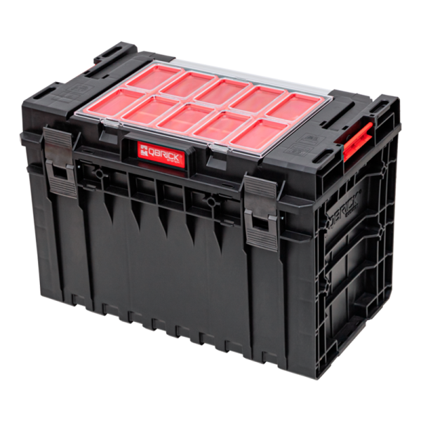 The ONE 450 is a toolbox with a very large capacity of 52 liters. Thanks to this, it is able to accommodate large power tools and hand tools. Two adjustable compartments allow you to keep order inside the box. Each box is equipped with a flexible seal that provides full protection against the ingress of dust and water (IP66). It comes standard with two adjustable partitions for perfect organization of the space inside the box. The new EXPERT lid provides new storage options. Equipped with 8 buckets in different sizes, it allows you to store both small and elongated workshop accessories. The long aluminum handle provides high ergonomics for transportation. Version 2.0 of the ONE line of products is a new generation of toolboxes and organizers with a reinforced design. Additional adaptation of the bodies for the installation of threaded inserts in the size of M8 gives the possibility of any personalization of the system for the needs of the user. Additional information External dimensions 585 [L] x 385 [W] x 420 [H] mm Internal dimensions 519 [L] x 305 [W] x 331 [H] mm Diagonal 767 mm Capacity 52 Quantity on pallet 20