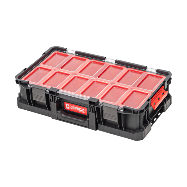Qbrick System TWO Organizer   Modular organizer for smaller accessories. The polycarbonate cover, polyamide fasteners and a strong handle guarantee safety and comfort of work. The organizer is equipped with 9 containers. Additional information External dimensions 530 [L] x 310 [W] x 130 [H] mm Internal dimensions 470 [L] x 237 [W] x 114 [H] mm Diagonal 548 mm Capacity 14,3 Quantity on pallet 76